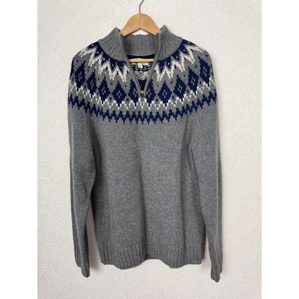 Boden Nordic Fair Isle Wool Blend Quarter Zip Sweater Grey Navy Large M0439